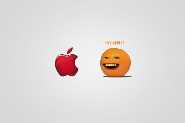 Pomarańcza z twarzą mężczyzny mówi Cześć do logo apple