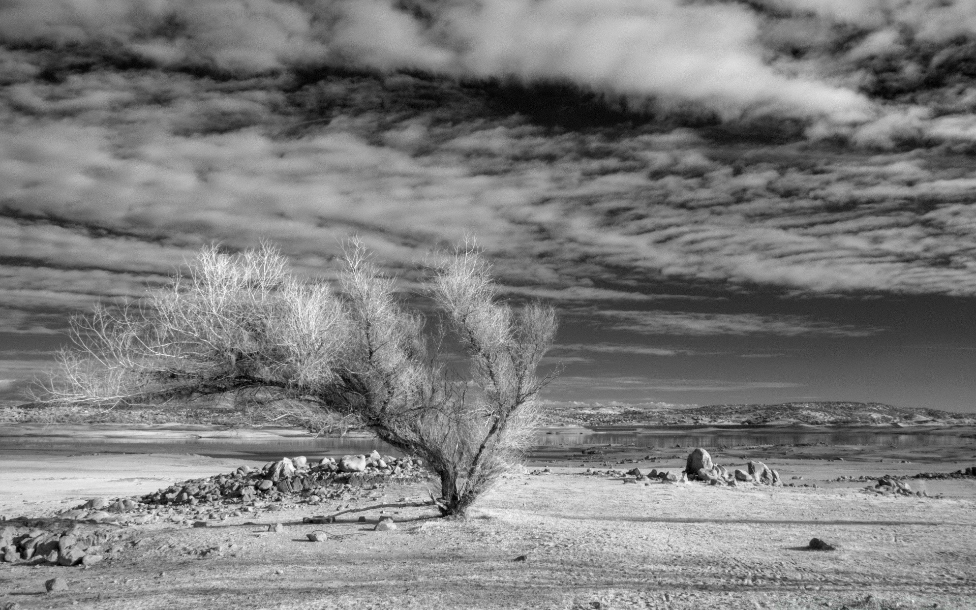 czarno-biały krajobraz woda monochromatyczny zima natura burza
