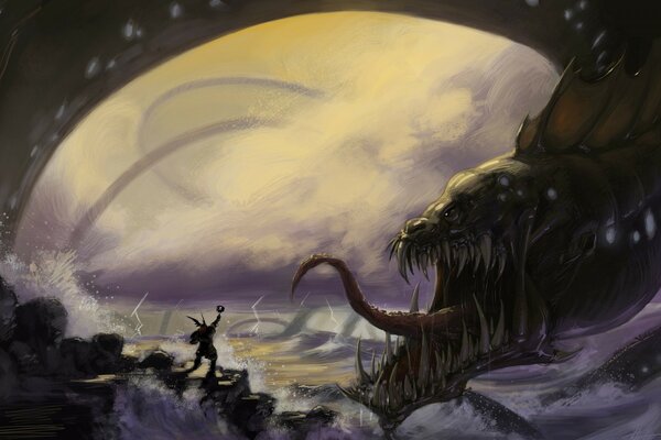 FANTASY Głowa potwora i księżyc