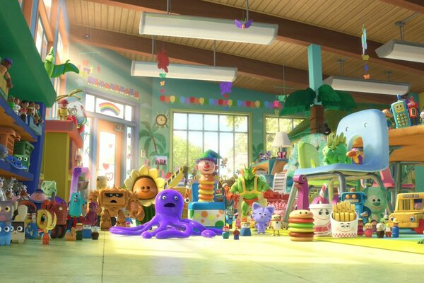 Obraz z kreskówki toy story 3 z różnymi zabawkami w pokoju