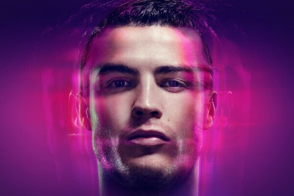 Twarz Cristiano Ronaldo na liliowym tle